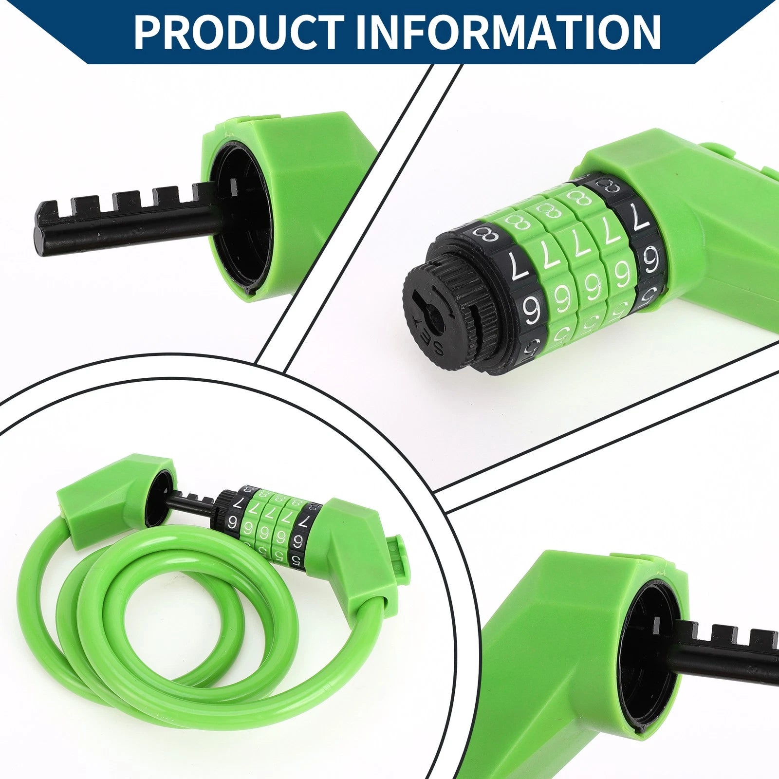 Bicycle Padlock Cable Lock 130cm Resettable 5 Digit for Green Bike (Set)