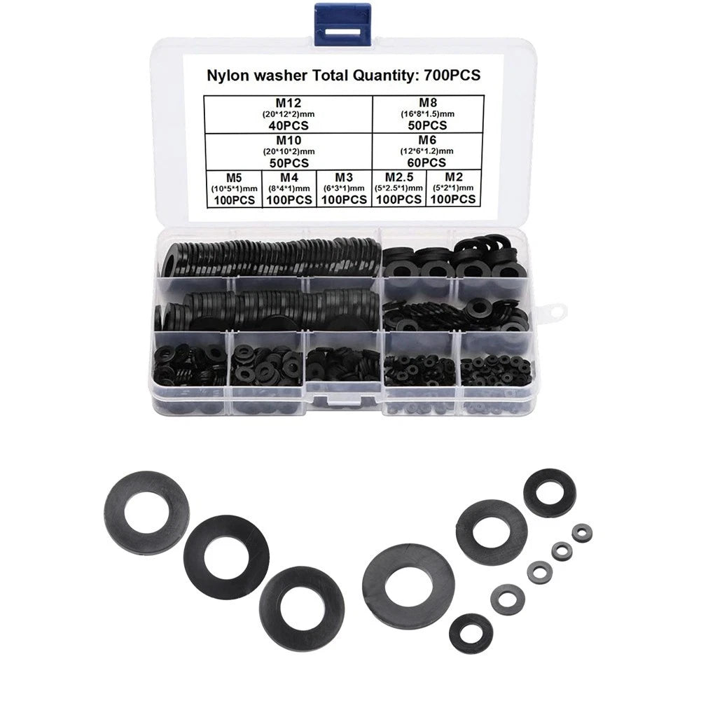 700PCS Flat Black Nylon Washers for M2 Fastener Sizes