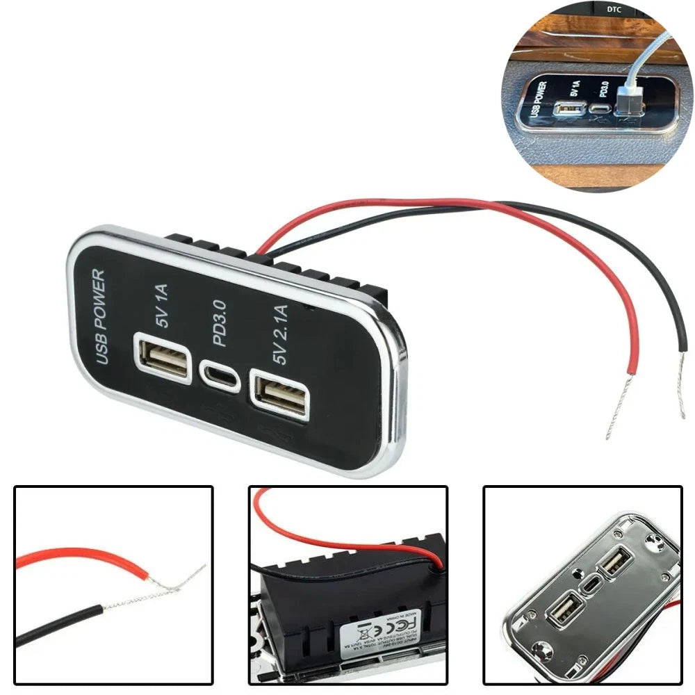 3 Ports PD Type-C USB Charger Socket for Car Boat ATV RV