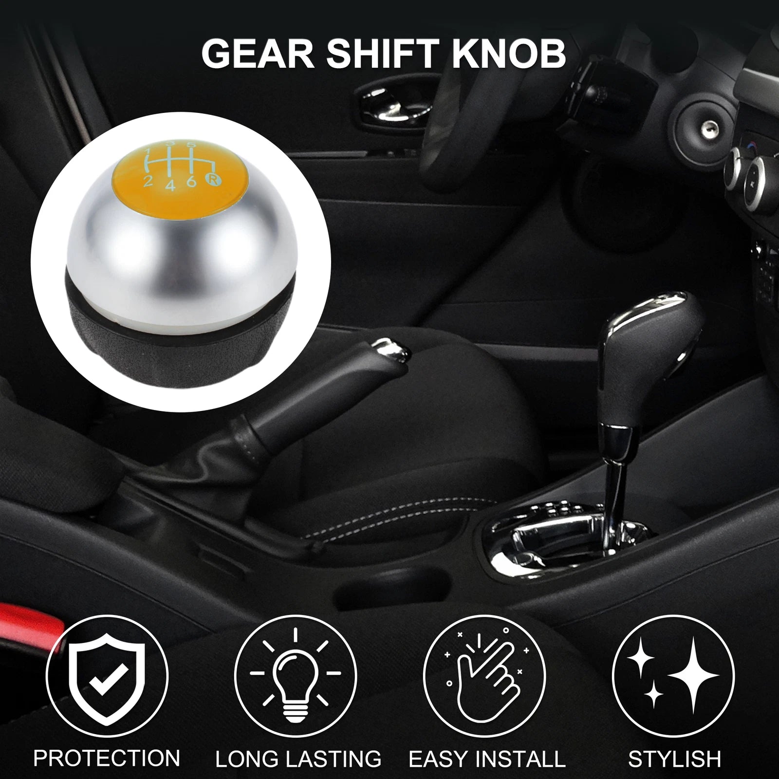 6 Speed Manual Shift Knob for Fiat 500 (2012–2023) Matte Silver Tone Yellow