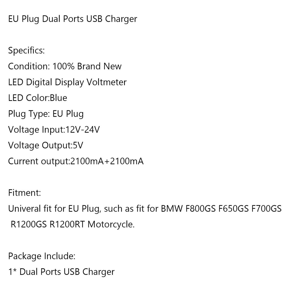 Dual USB Charger DIN Socket Voltmeter for BMW Motorcycle (EU Plug)