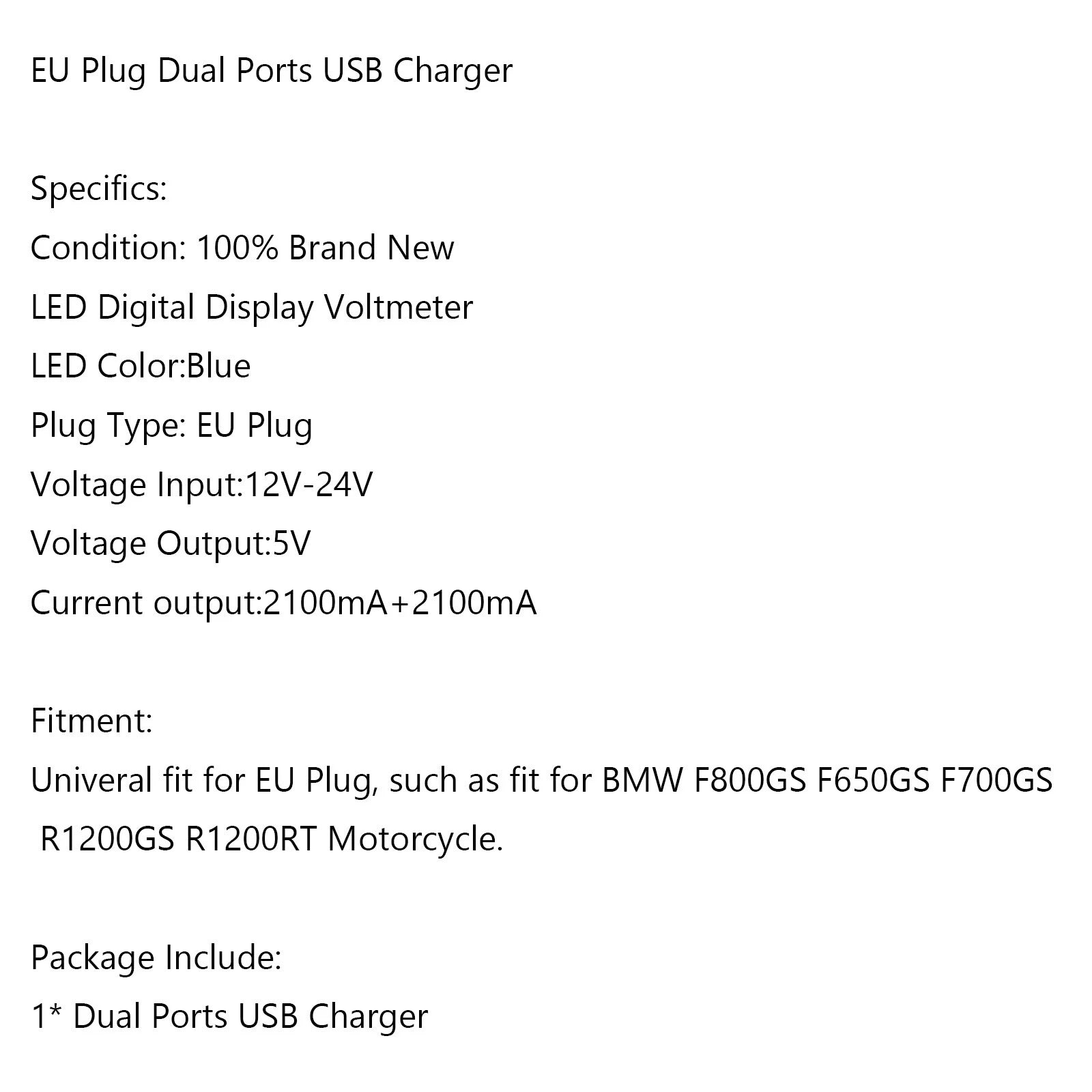 Dual USB Charger DIN Socket Voltmeter for BMW Motorcycle (EU Plug)
