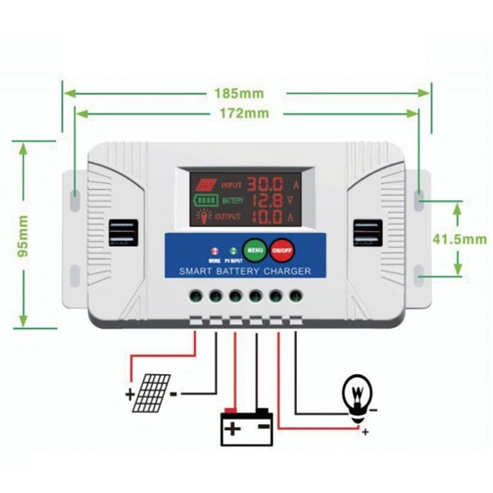 30A Digital Solar Charge Regulator for 12V 24V Systems with USB Output