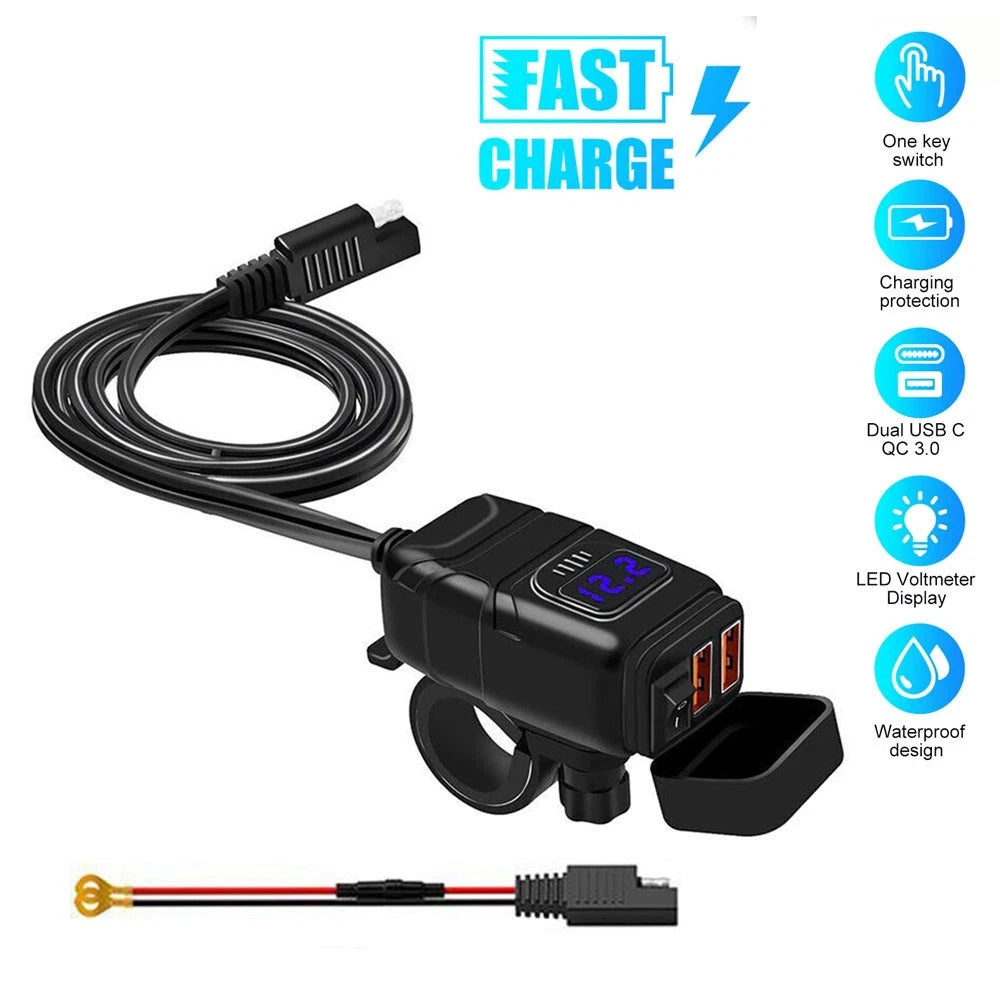 Dual USB Fast Charger Adapter with Voltmeter for Motorcycle (12V)