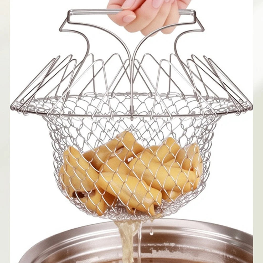 Foldable Stainless Steel Cooking Strainer Basket for Frying and Draining