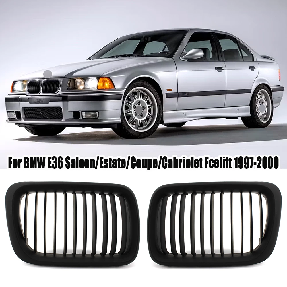 2X Matte Black Front Bumper Kidney Grille for BMW 3-Series E36 (1997–1999)