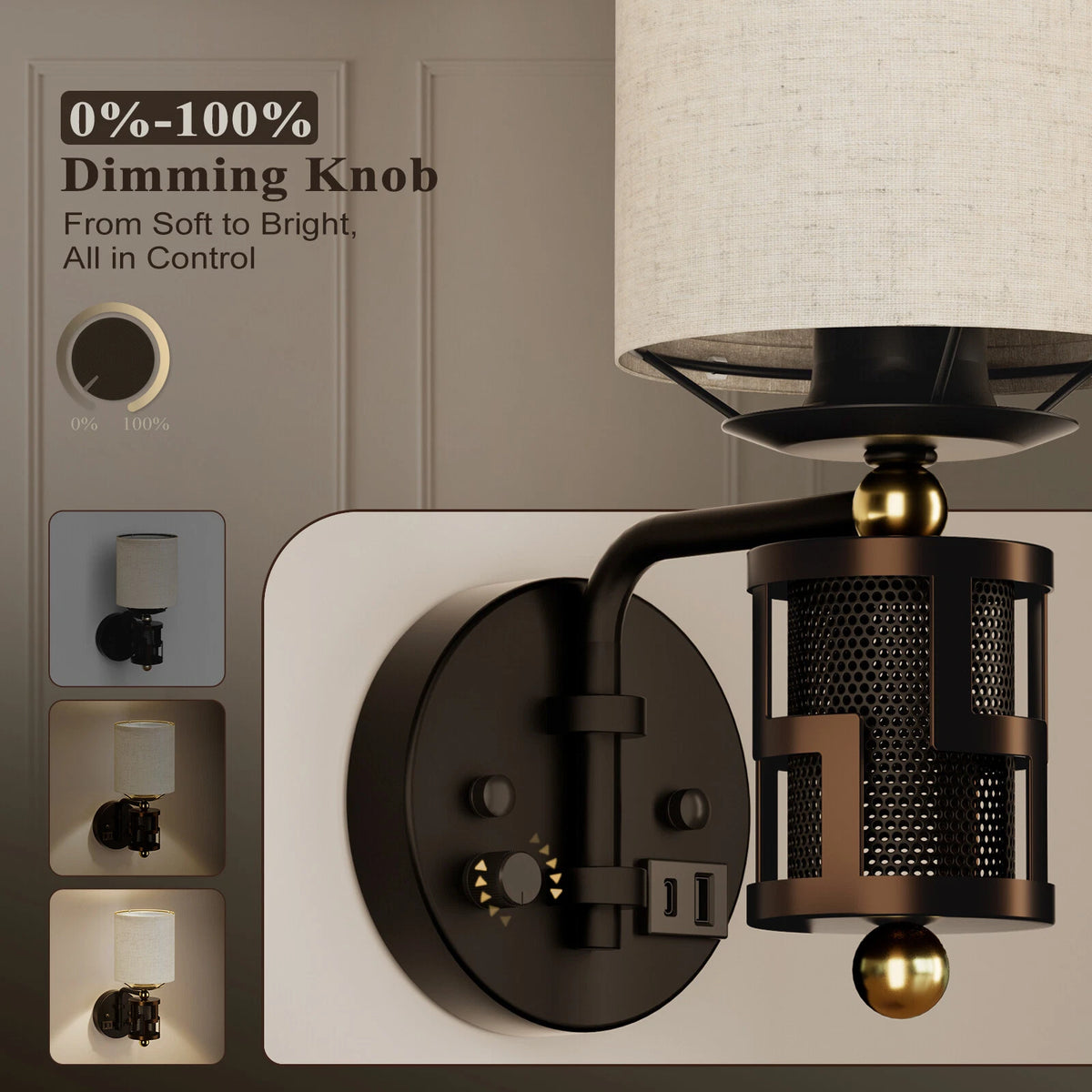 Dimmable Wall Sconce for HYMELA Vintage (Charge Port, Bronze)