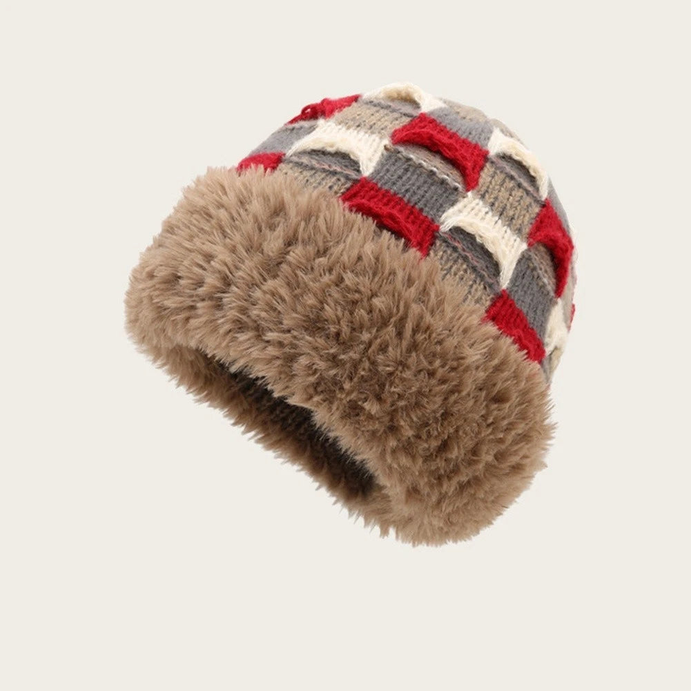 Fleece Winter Beanie Hat for Women - Knitted Color Block Design