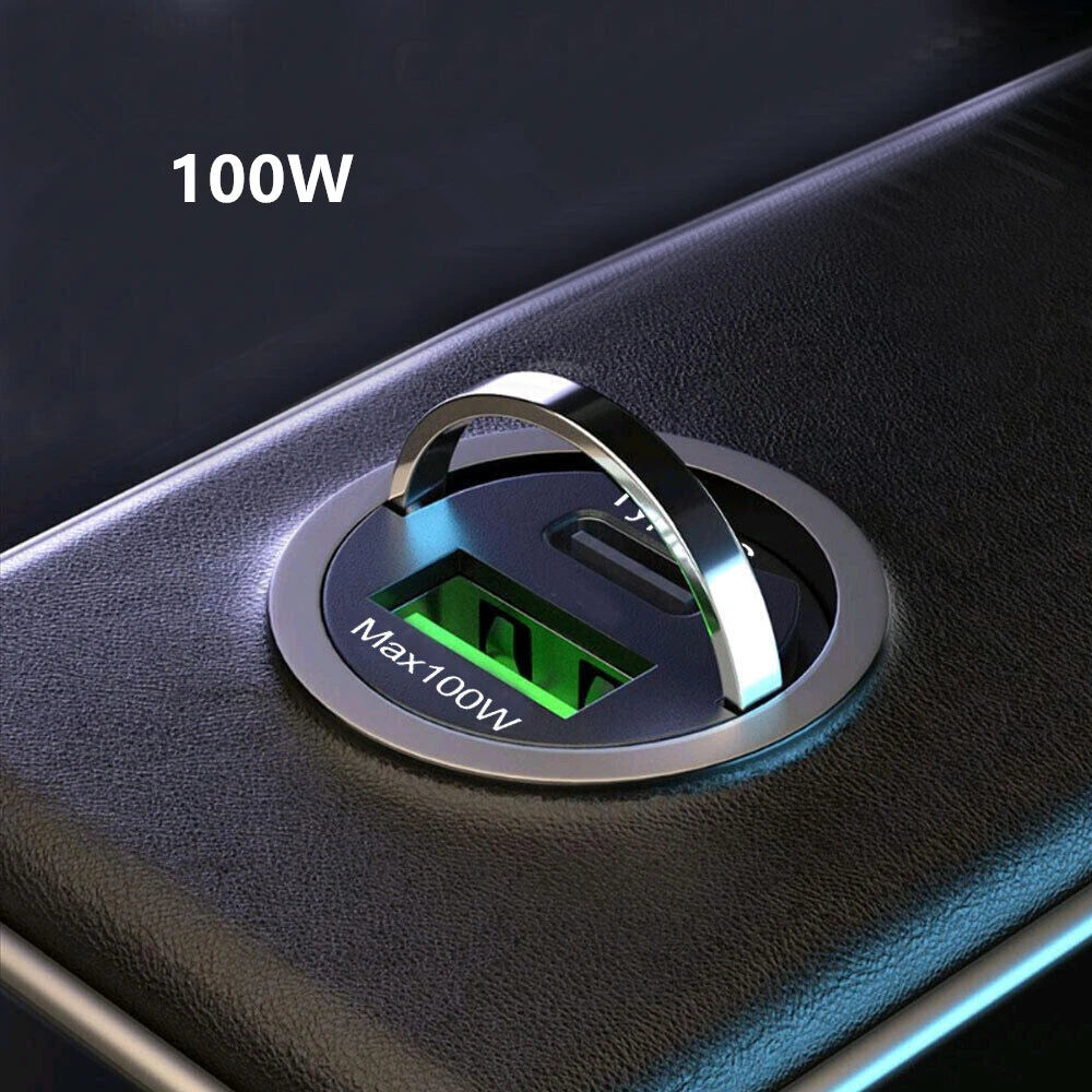 100W Car Charger USB Type-C QC3.0 Cell Phone Fast Charging Adapter w/ Pull Ring