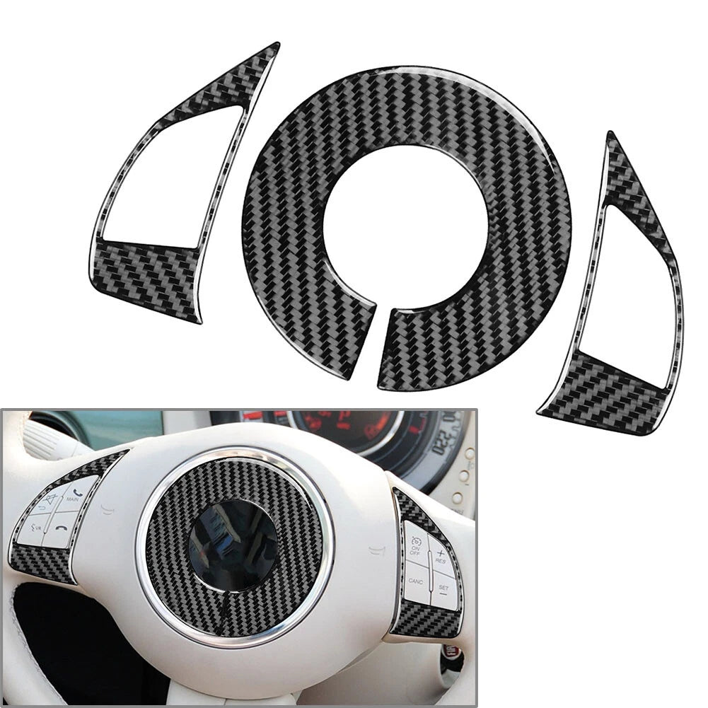 3Pcs Steering Wheel Button Frame Cover Trim for Fiat 500 (2012–2015) Carbon Fiber