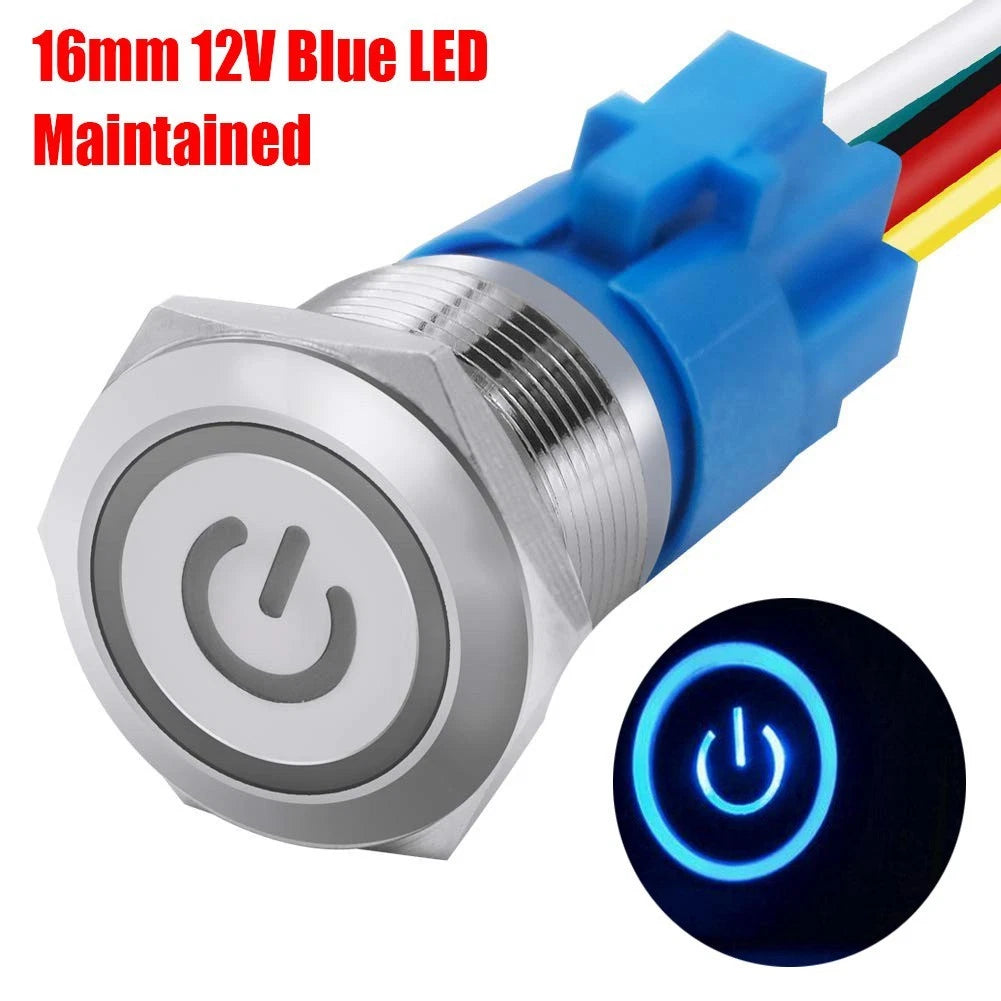 12V LED Push Button Power Switch with Wire Harness for Universal Use (16mm)