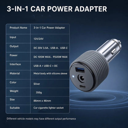 3-in-1 Car Voltage Adapter for Universal Use (12V 24V Input, 30V Output)