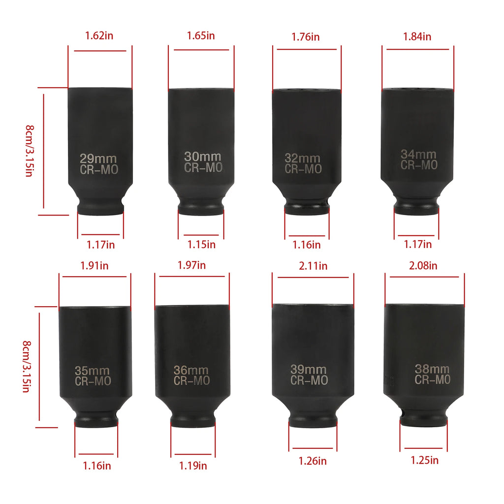 8Pcs 1/2" Deep Impact Socket Set 12 Point for Spindle Axle Nut 29-39mm
