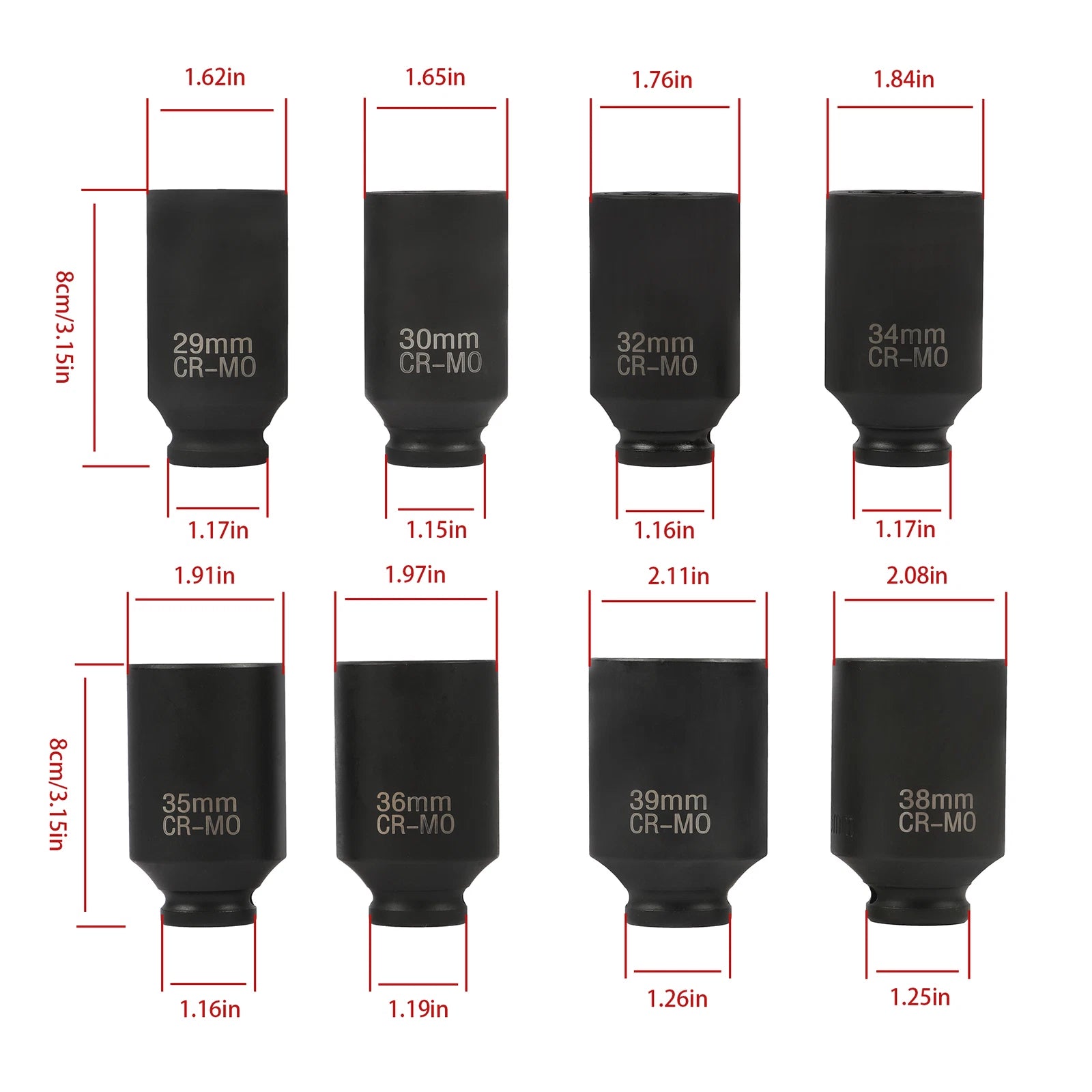 8Pcs 1/2" Deep Impact Socket Set 12 Point for Spindle Axle Nut 29-39mm