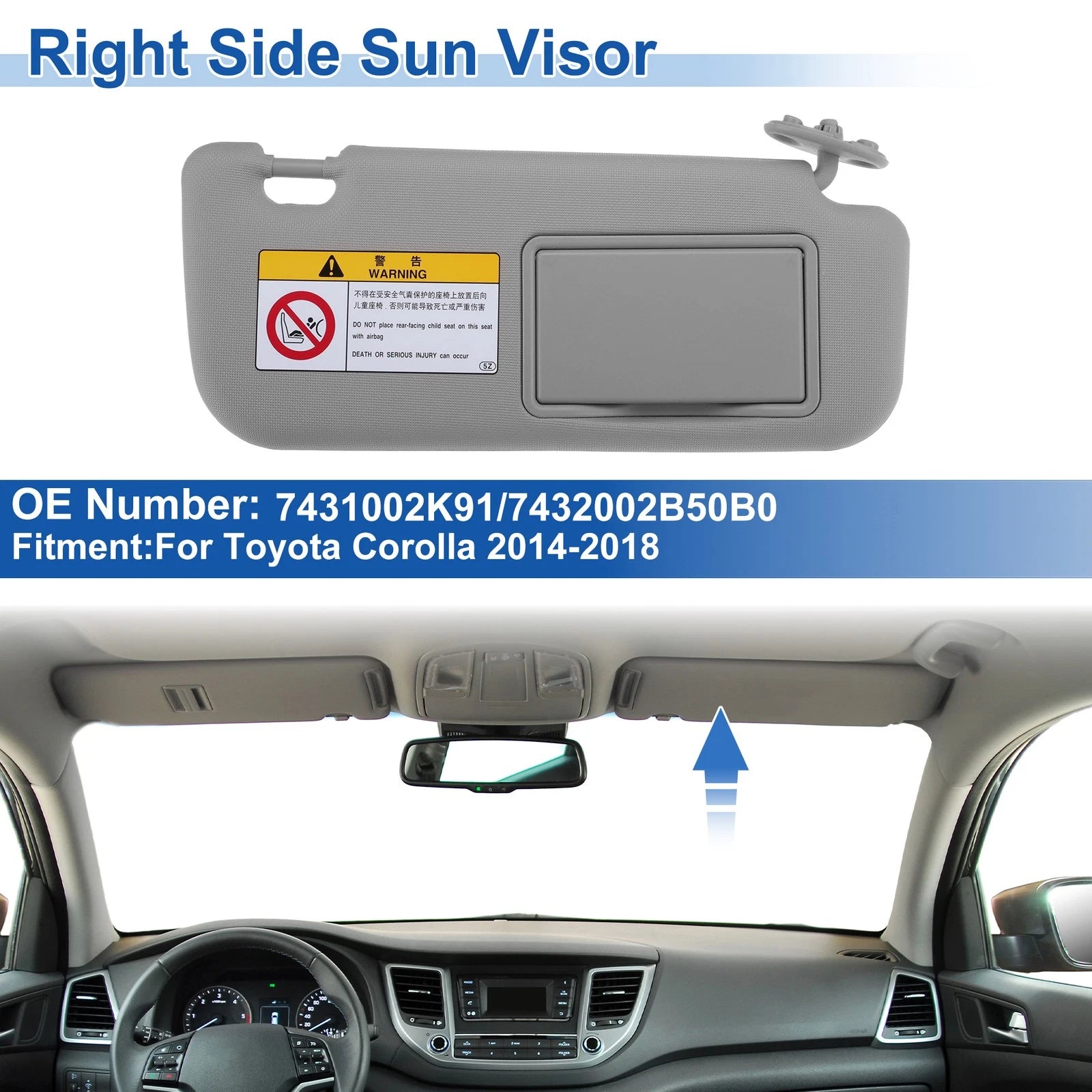 Right Side Sun Visor Gray Replacement for Toyota Corolla (2014–2018)