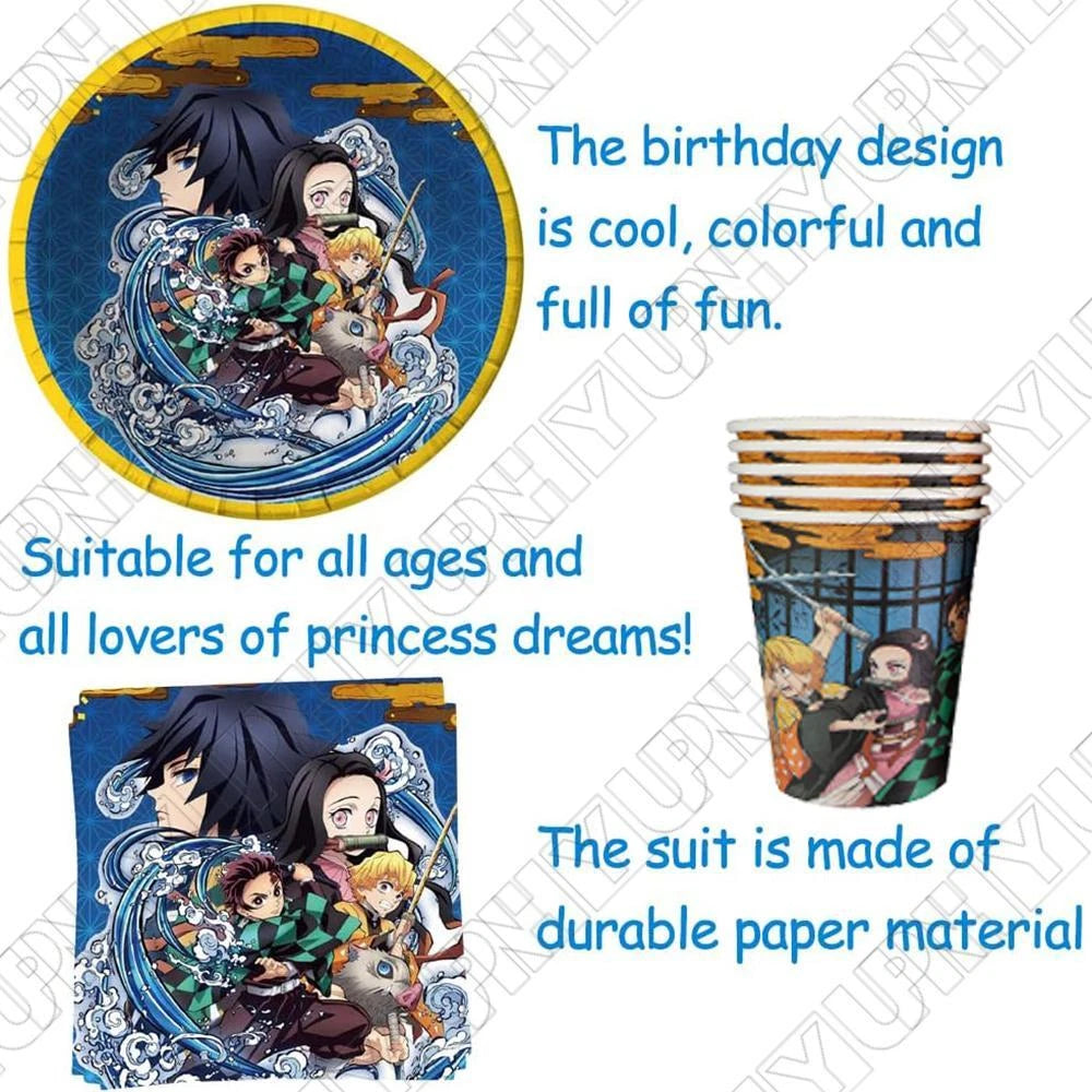 51 pcs Demon Slayer Tableware Set includes Plates, Cups, Napkins, Tablecloths