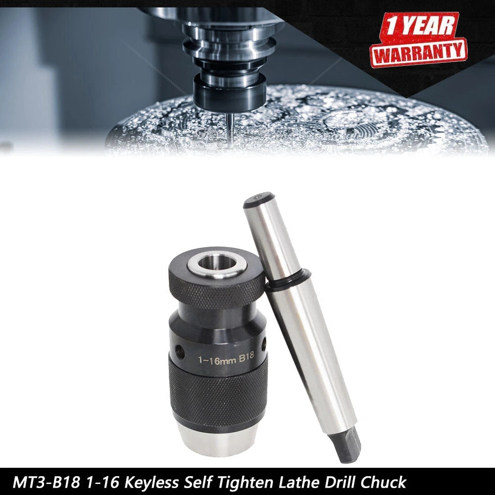 Keyless Precision Self Tighten Lathe Drill Chuck & Taper Arbor for MT3-B18 (1-16)