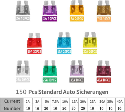 150Pcs Blade Fuse Set for Standard Cars (Various Amps)