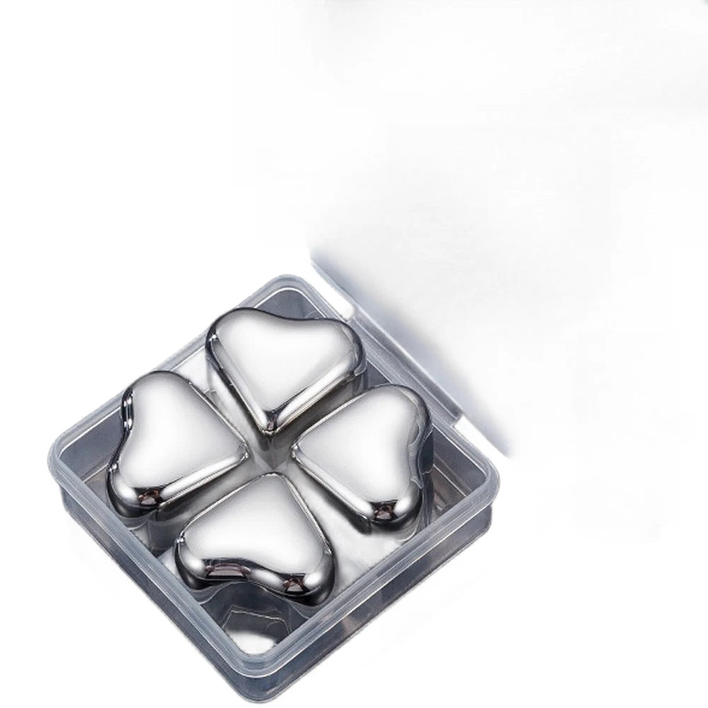 Set of 4 Mirror Polished 304 SS Heart Ice Cubes for Beverage Presentation