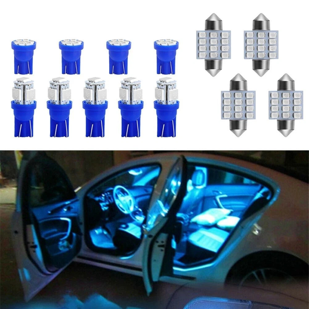 13-Piece Blue LED Light Bulbs Kit for Car Interior (Dome, Map, License Plate)