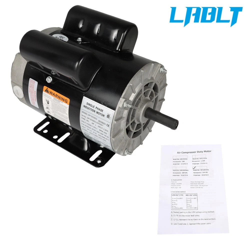 Air Compressor Electric Motor 3HP 3450RPM 56Frame 1Phase 115/230v 5/8"
