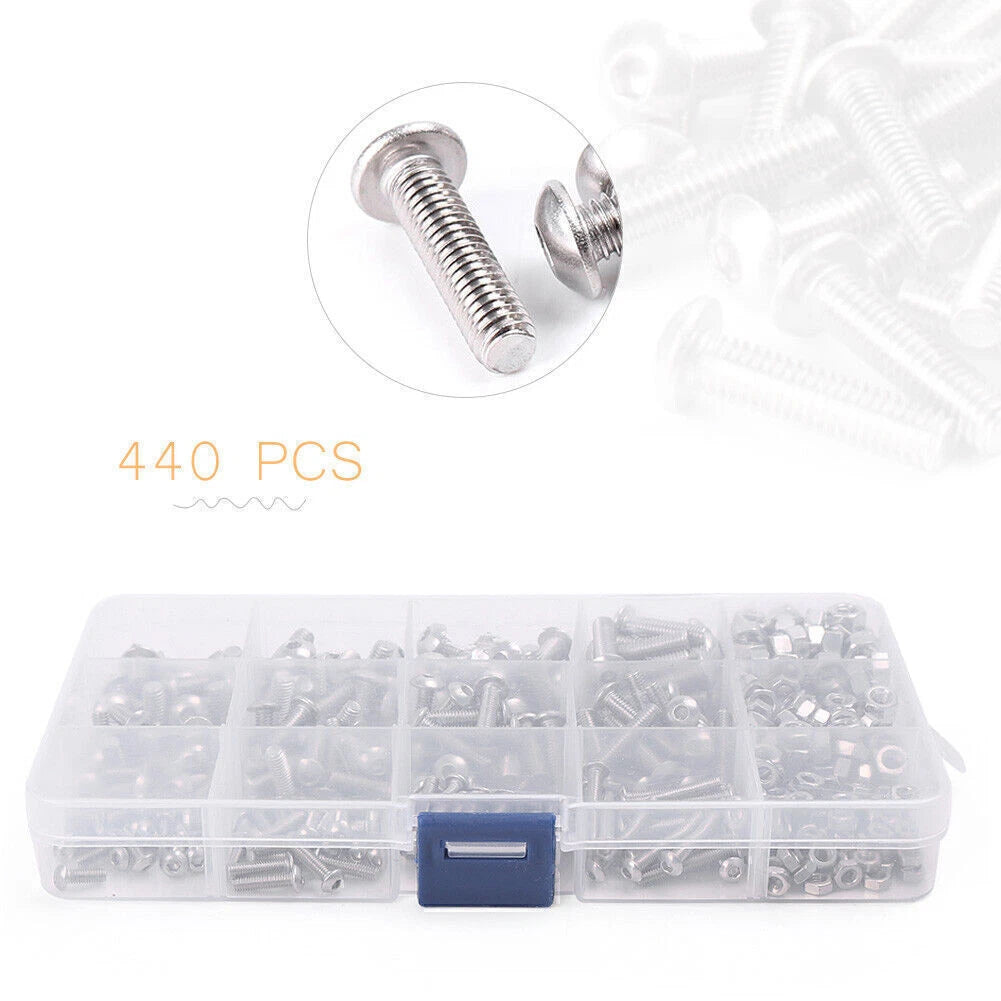 440pcs Hex Socket Button Head Bolts Screws Nuts Set for M3 M4 M5 (304 Stainless Steel)