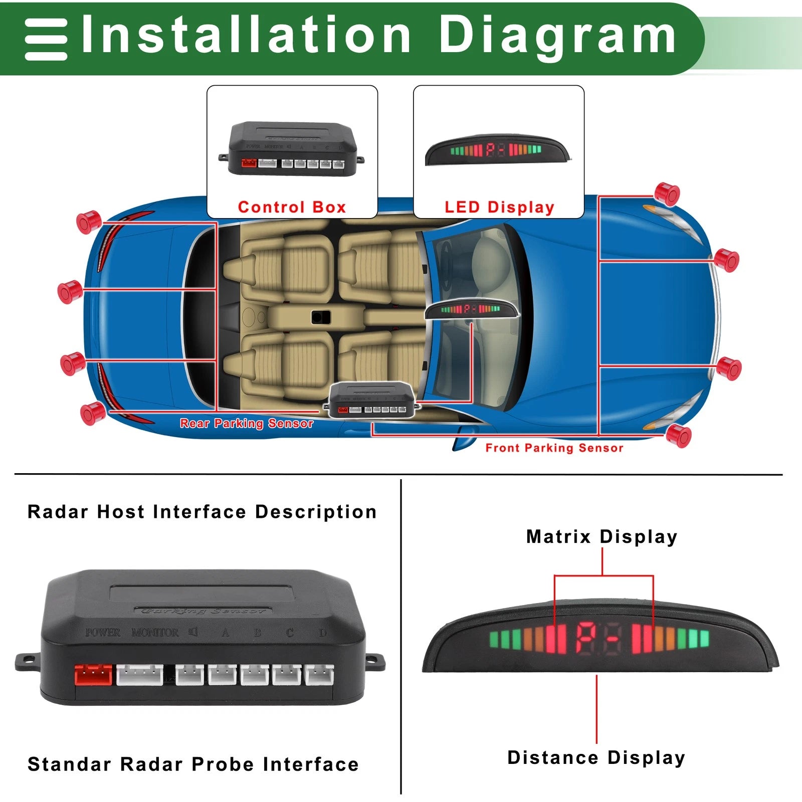 8 Pc Reverse Backup Radar System Parking Sensors for