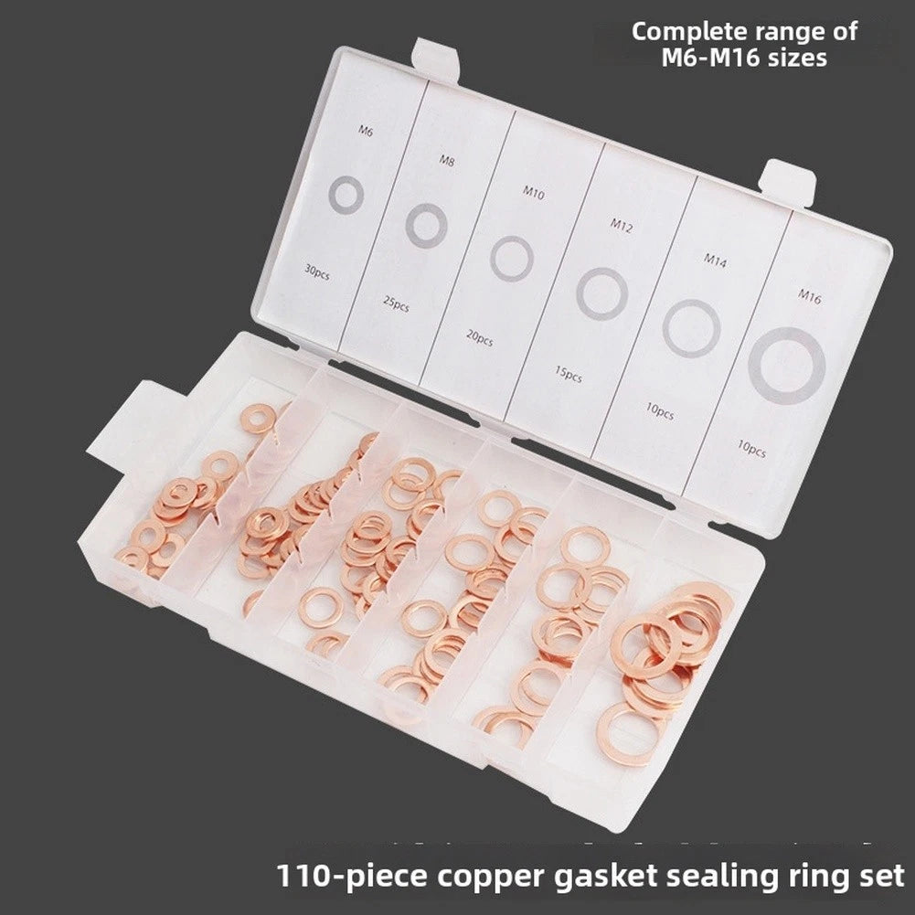 Copper Flat Washer Gasket Seal Kit Set 110 Pieces with Plastic Storage Box