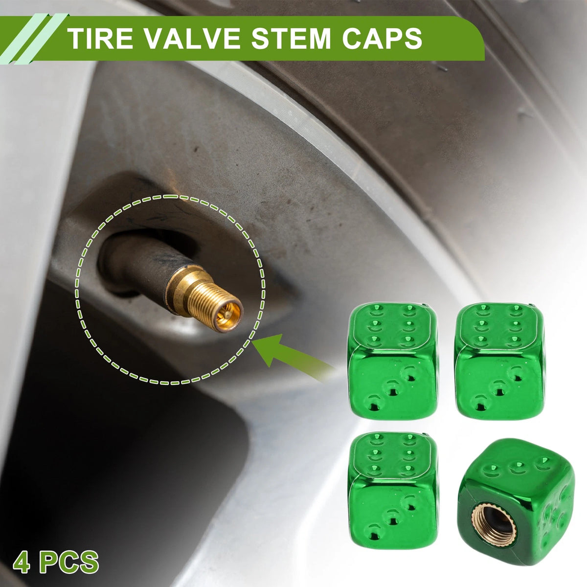 Tire Valve Stem Caps Replacement Dust Covers Green for Bicycle (4 Pcs)