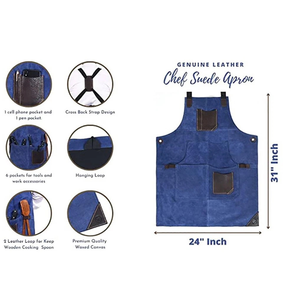 Double Faced Fleece Apron with Multiple Pockets and PU Leather Contrast