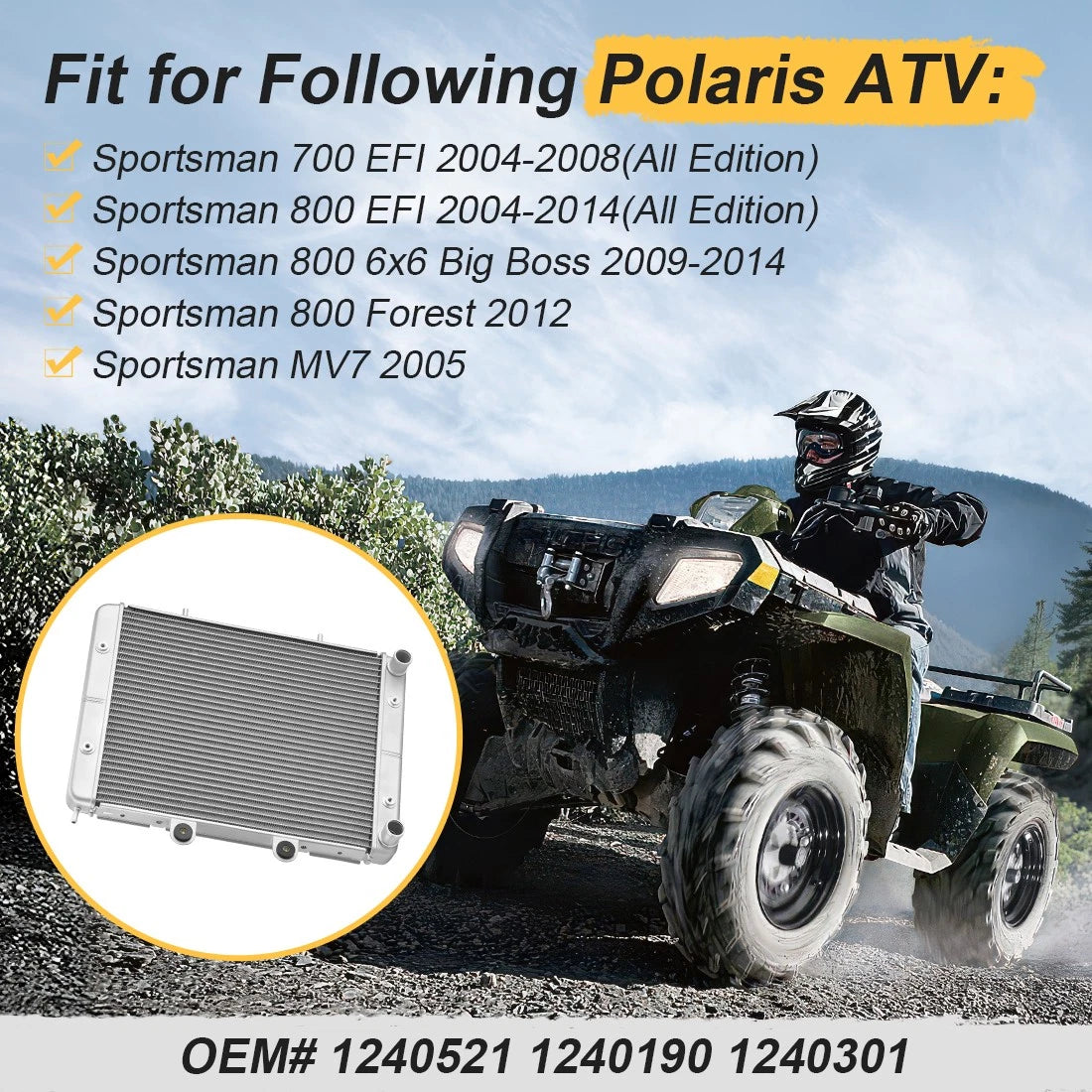 ATV Radiator for Polaris Sportsman 700 800 EFI (2004–2014) 1240190 1240301 1240521