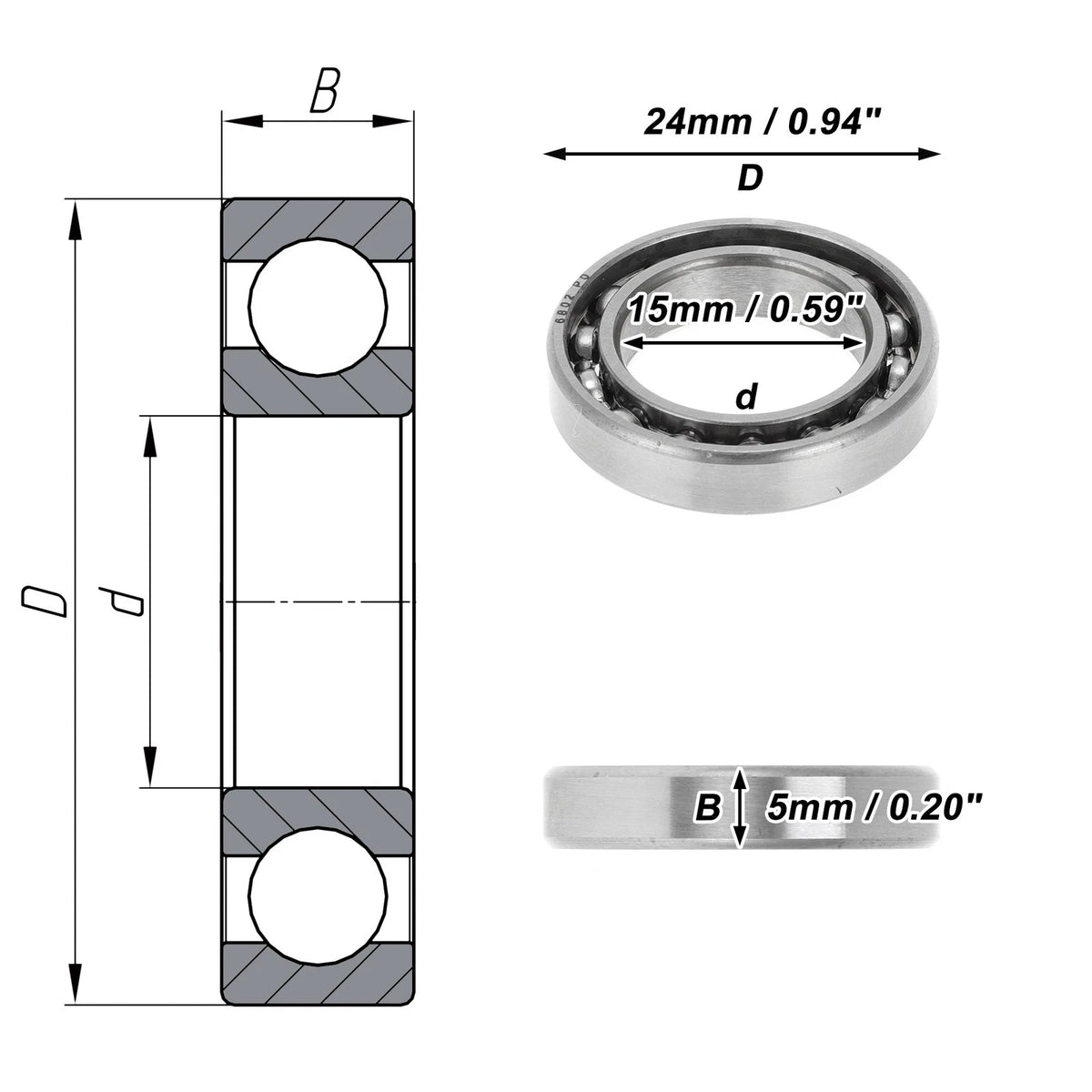 Deep Groove Ball Bearing 15x24x5mm for Scooter Skateboard (P0)