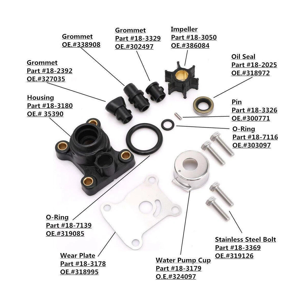 Water Pump Impeller Kit 394711 for Johnson Evinrude Outboard 9.9/15Hp (1974-Up)