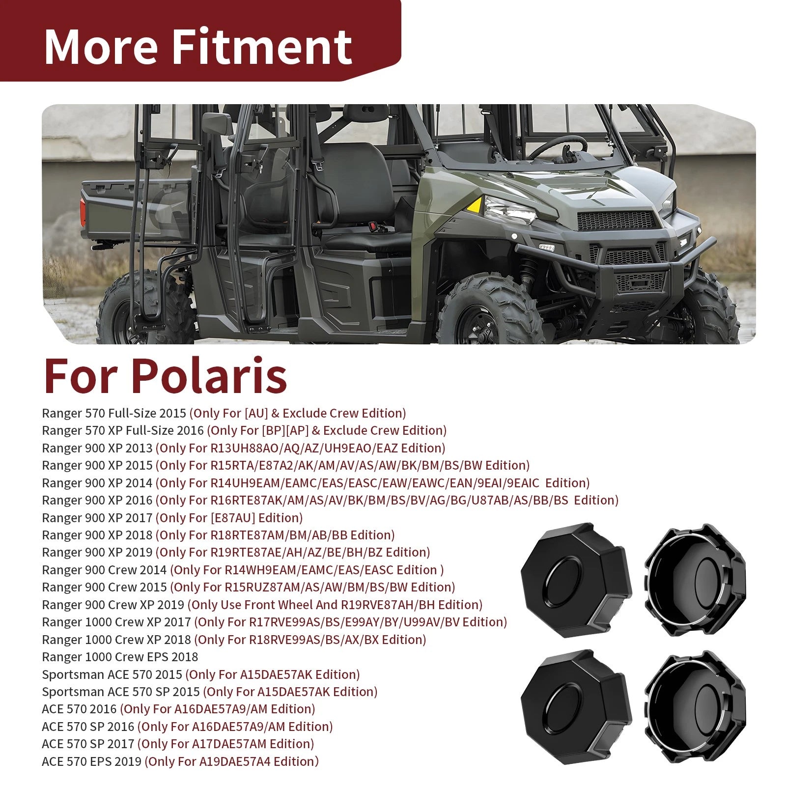Set of 4 Wheel Rim Caps for Polaris Ranger XP 900 / Crew 900 / Crew XP 900