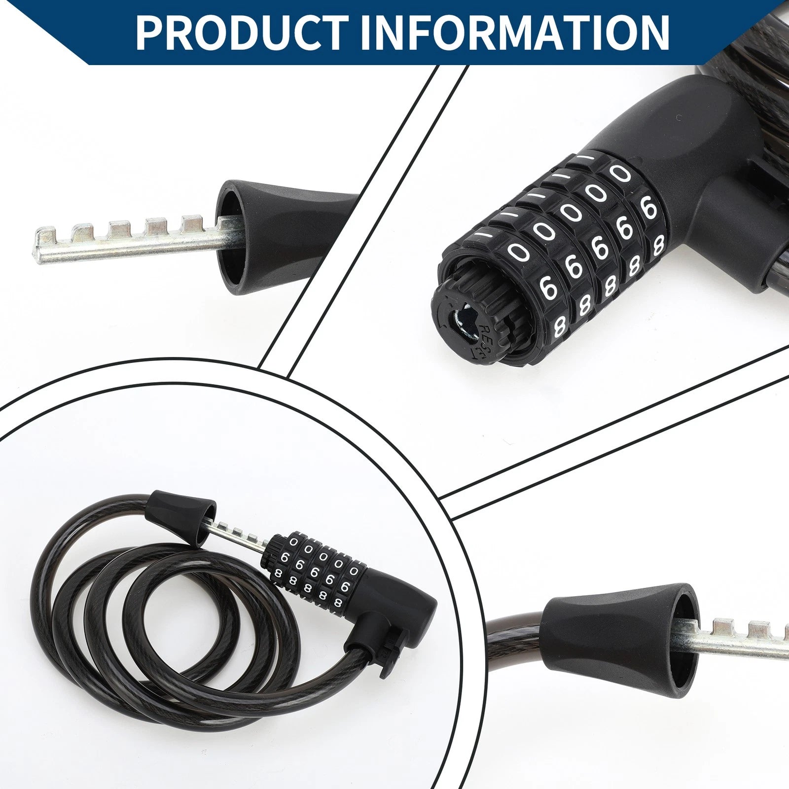 Bicycle Padlock Spiral Cable Lock Resettable 5 Digit for All Bikes (Black)