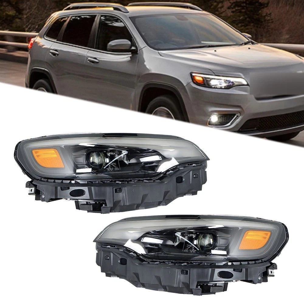 LED Headlights Assembly for Jeep Cherokee (2019–2022) LH+RH Black Clear Lens