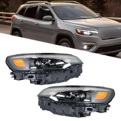 LED Headlights Assembly for Jeep Cherokee (2019–2022) LH+RH Black Clear Lens