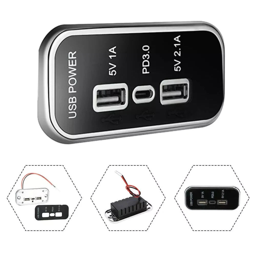 3 Ports PD Type-C USB Charger Socket for Car Boat ATV RV