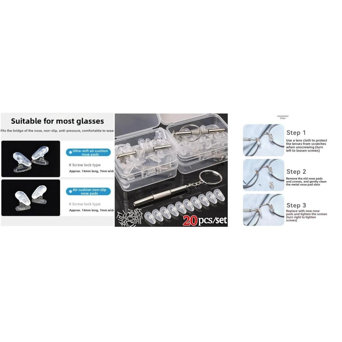 Eyeglasses Repair Kit with Silicone Nose Pads and Storage Box Set