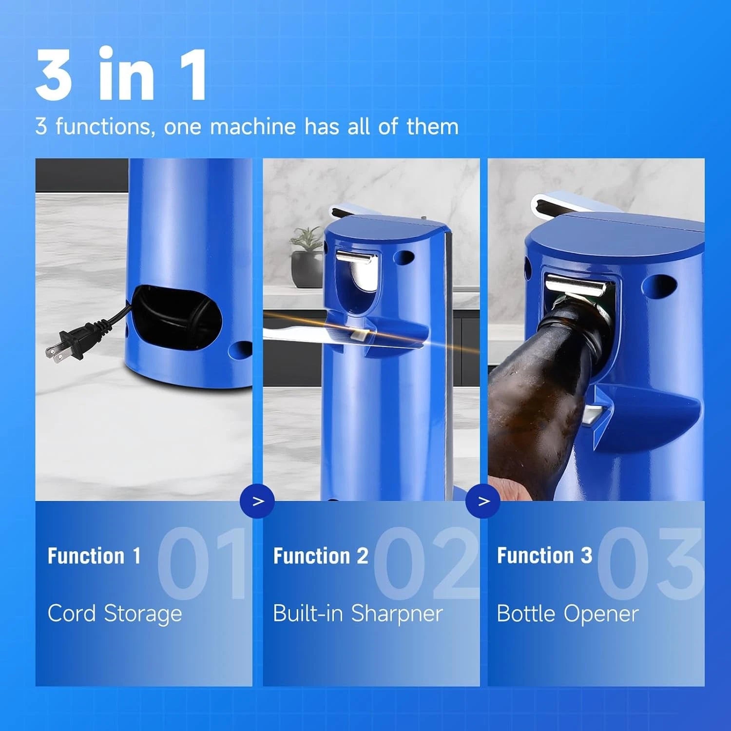 3-in-1 Electric Can Opener for Kitchen Use (Stainless Steel, Blue)