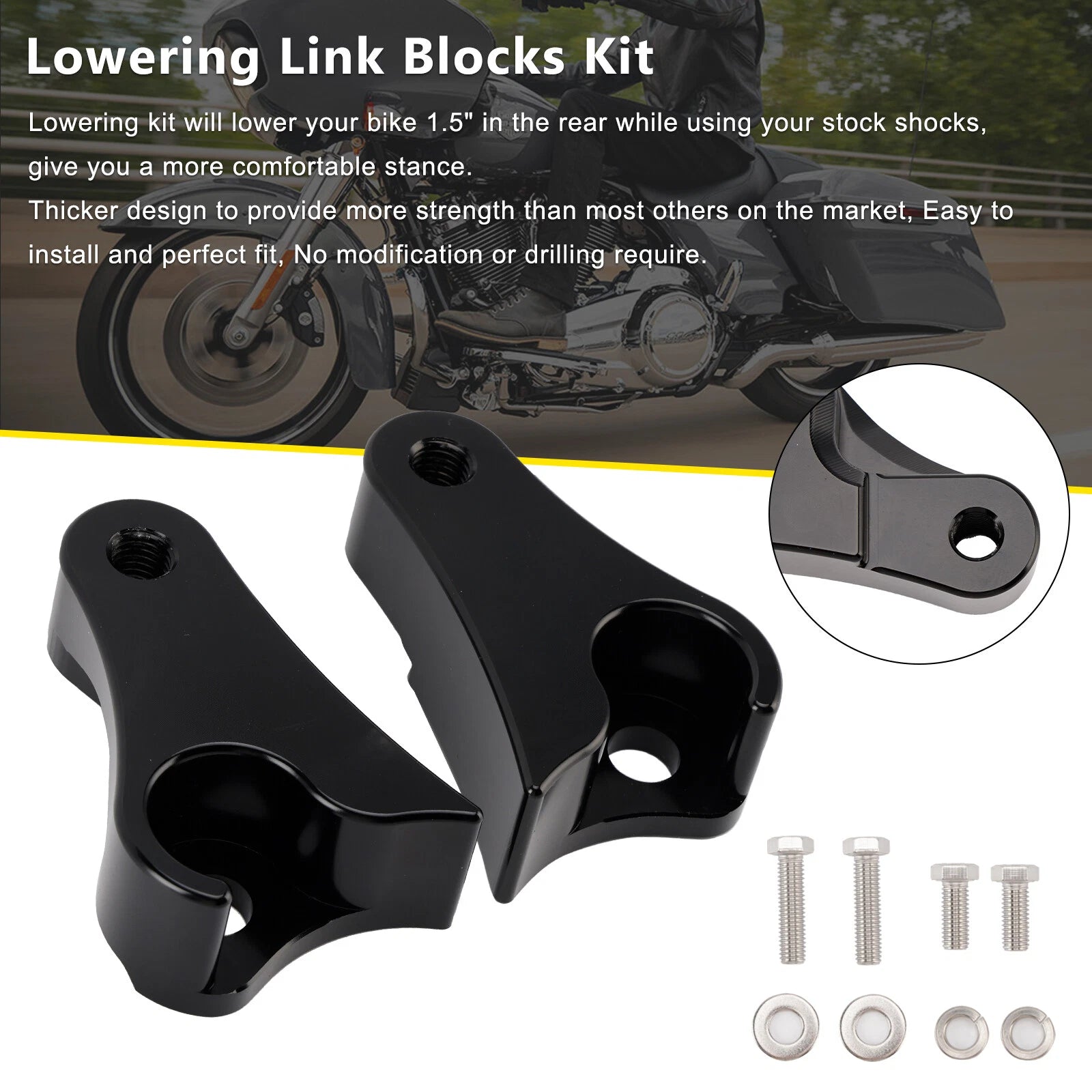 1.5" Lowering Link Blocks Kit for Harley Touring Street Glide Road King Electra (2009–2025)