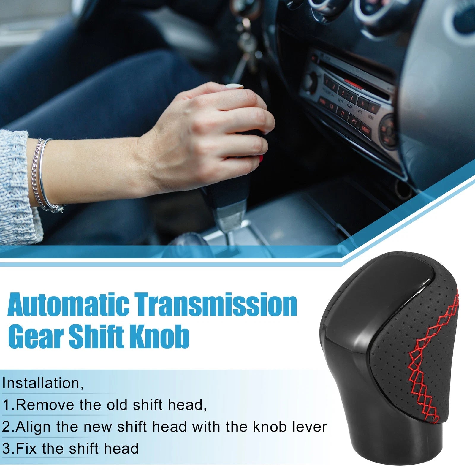 Gear Shift Knob Replacement for Lexus Black Faux Leather with Red Stitch