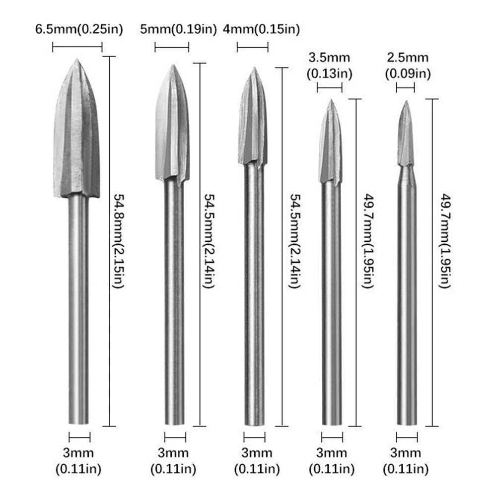 Rotary Tool Carving Drill Bits Set of 5 with 3mm Shank for DIY Crafting