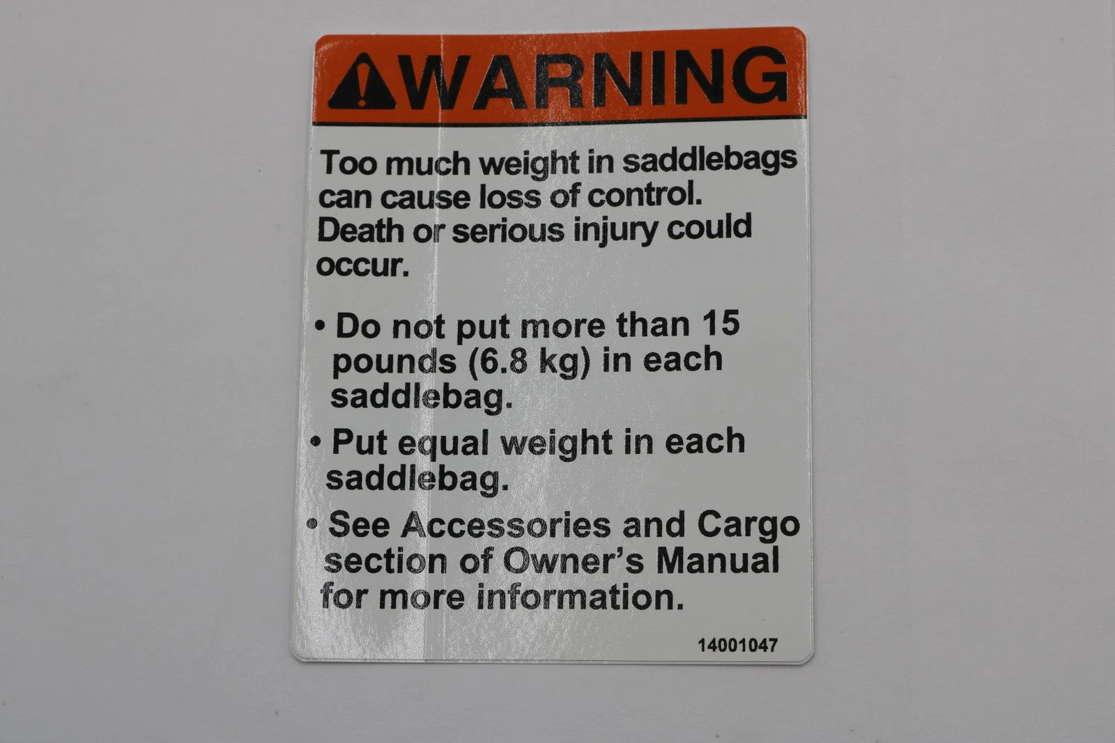 OEM Saddlebag Warning Label Sticker Decal for Harley-Davidson (14001047)