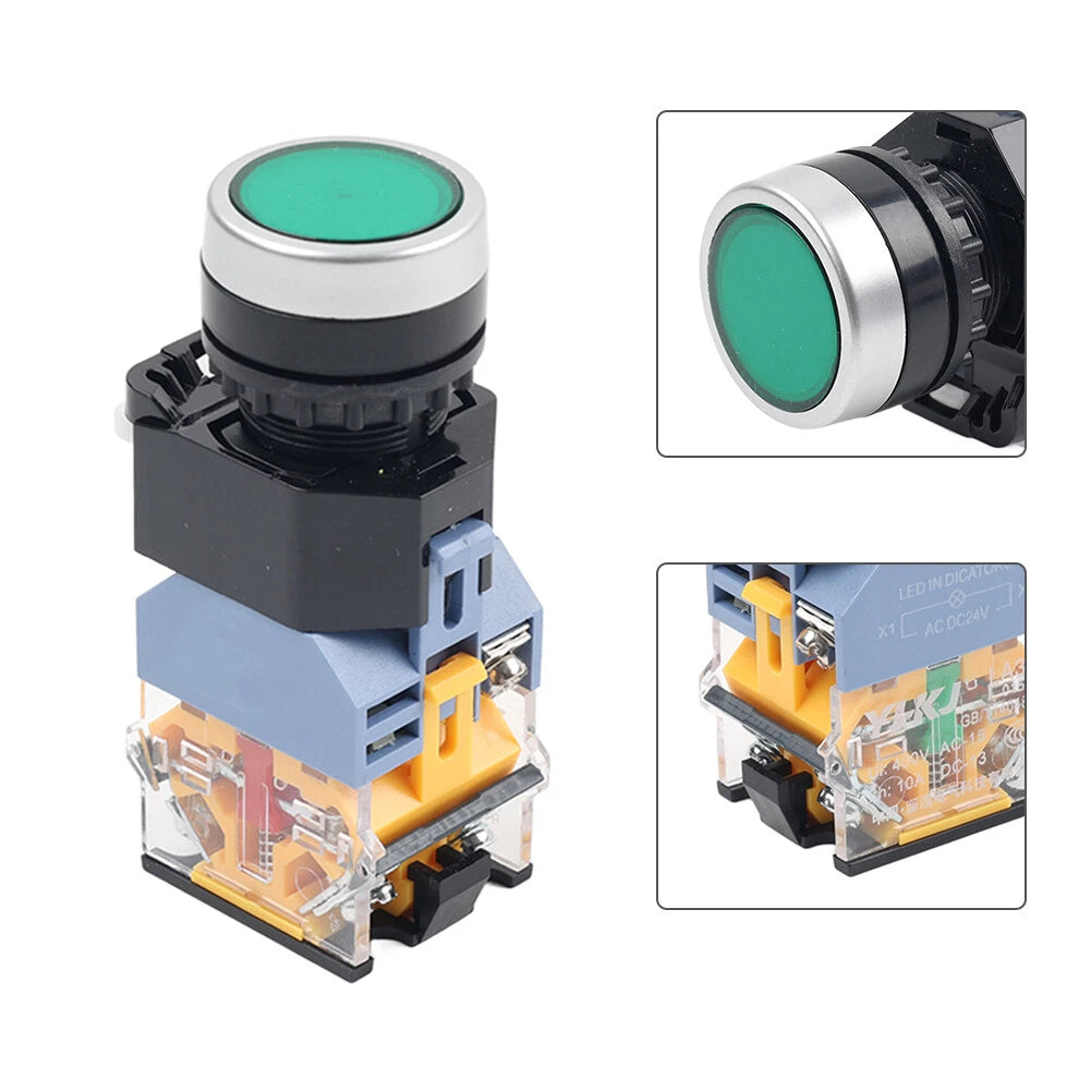 Momentary Flat Head Push Button Switch DC 24V 10A with Light Green Button