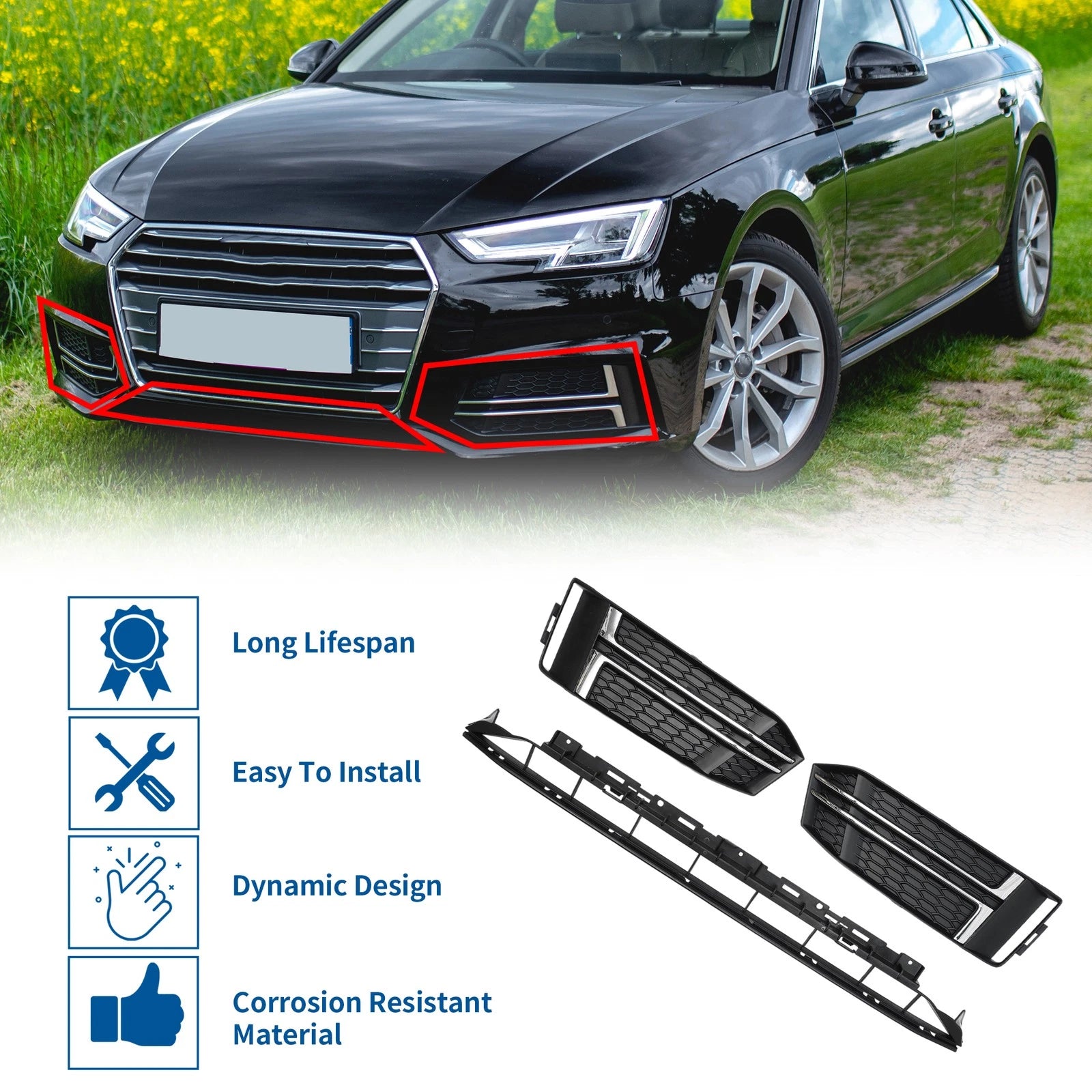 Front Lower Bumper Grille Grill Replacement for Audi A4 B9 (2016–2018) 1 Set