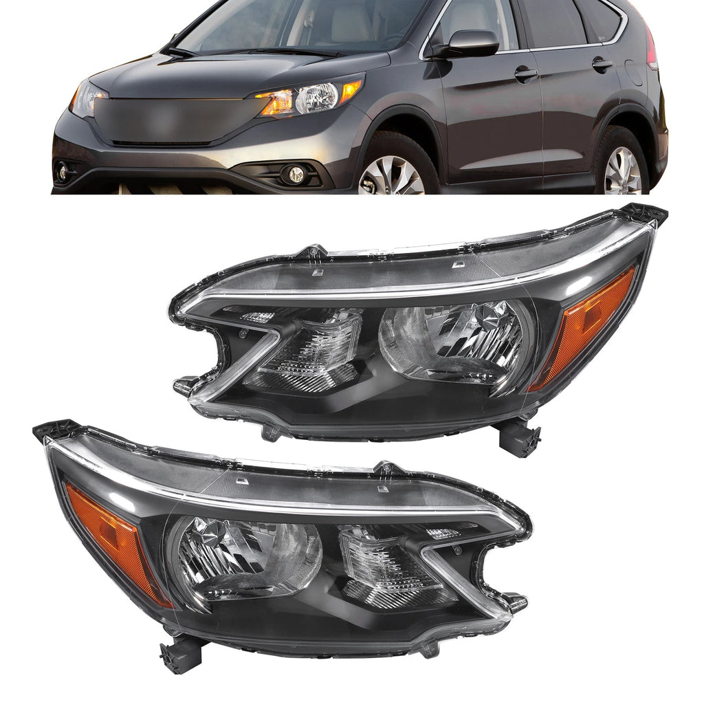 Set of 2 Black Halogen Headlight Assemblies for Honda CR-V (2012–2014)
