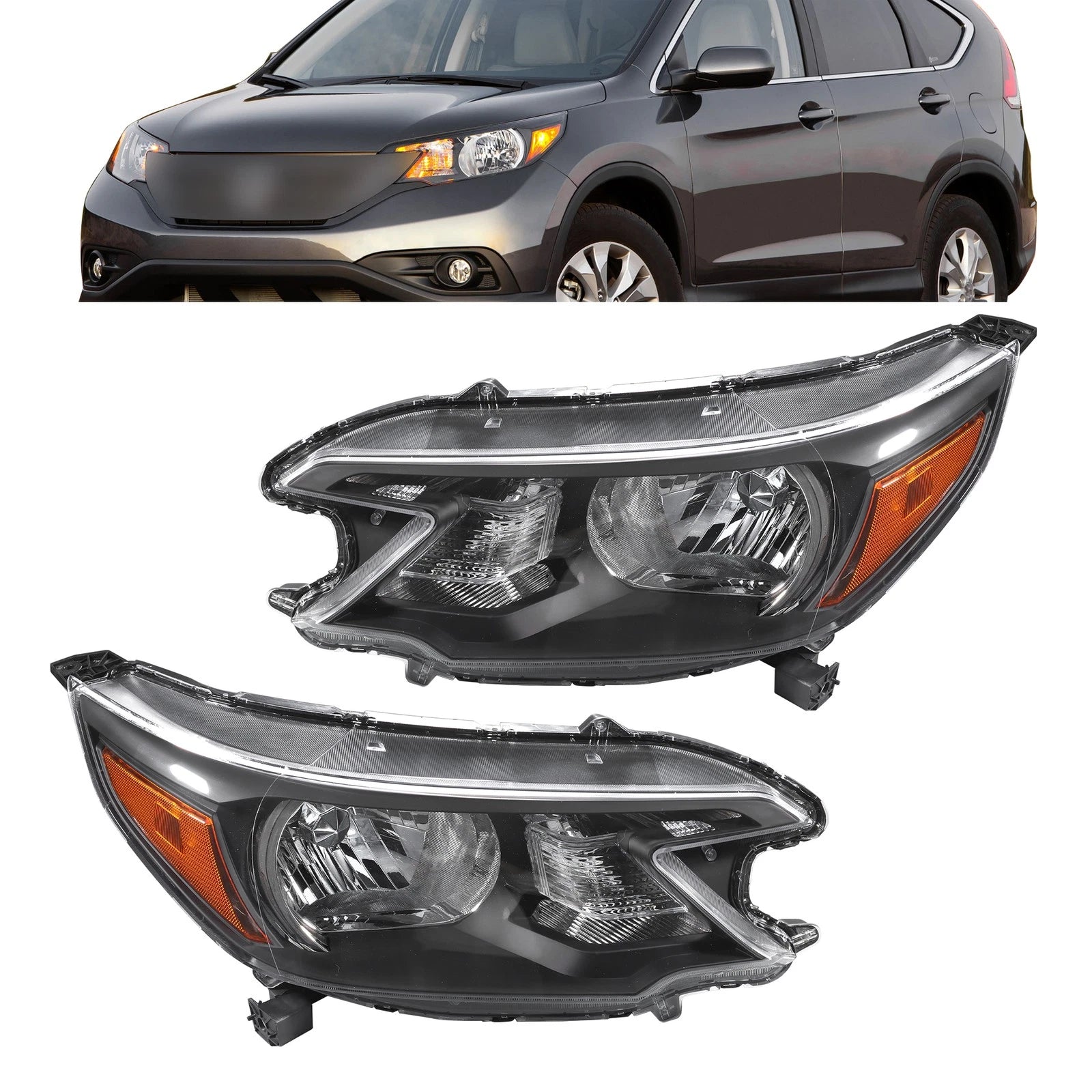 Set of 2 Black Halogen Headlight Assemblies for Honda CR-V (2012–2014)