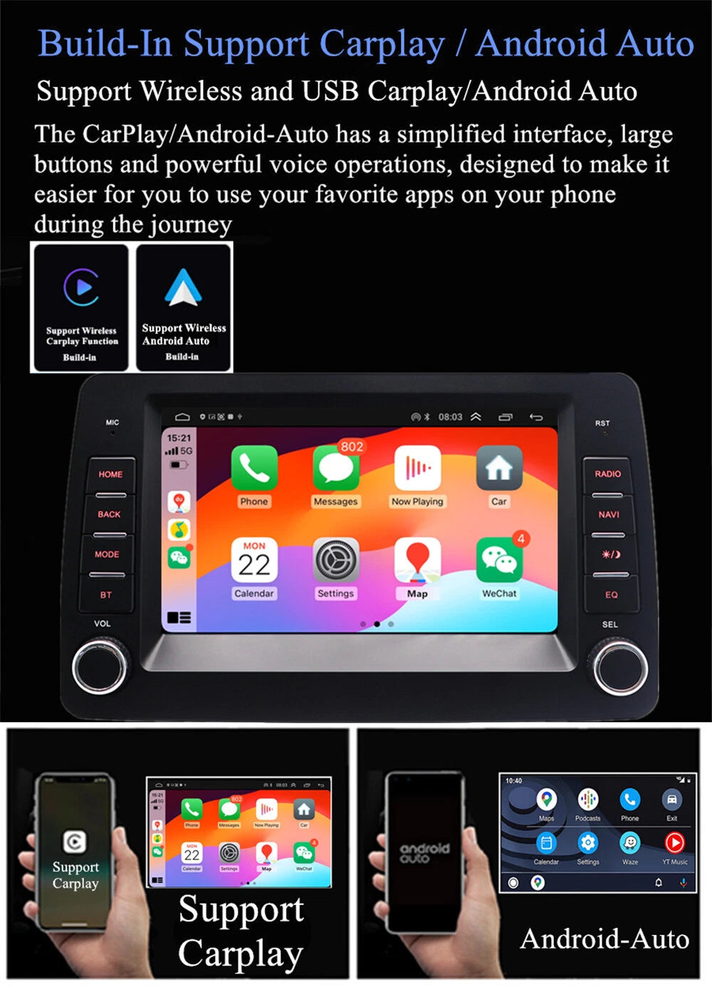 7'' Carplay Android Stereo GPS Navigation for Fiat Panda (2003–2012)