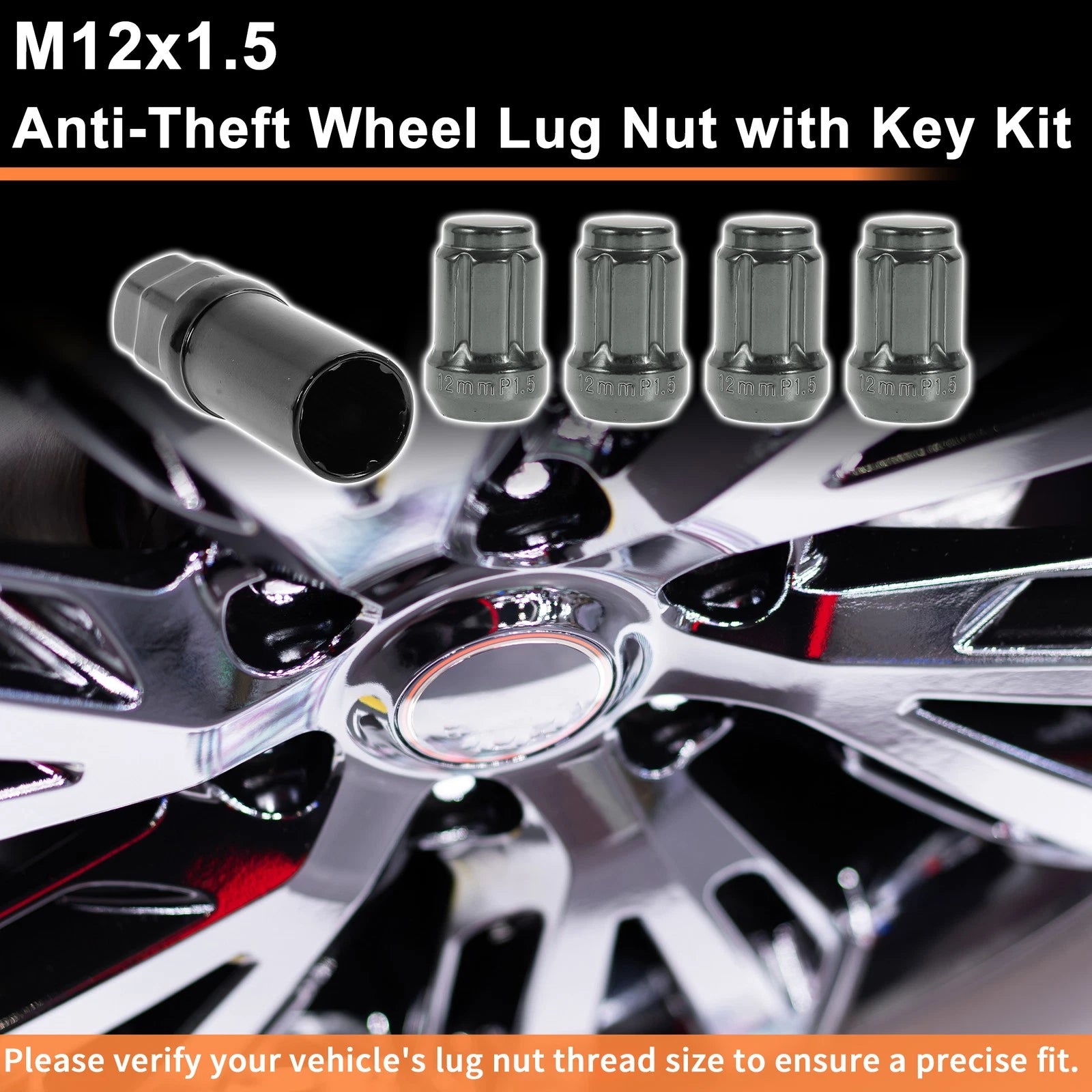 Wheel Locking Nut M12x1.5 Replacement with Key and Socket for Honda Toyota Grey (2005–2015)